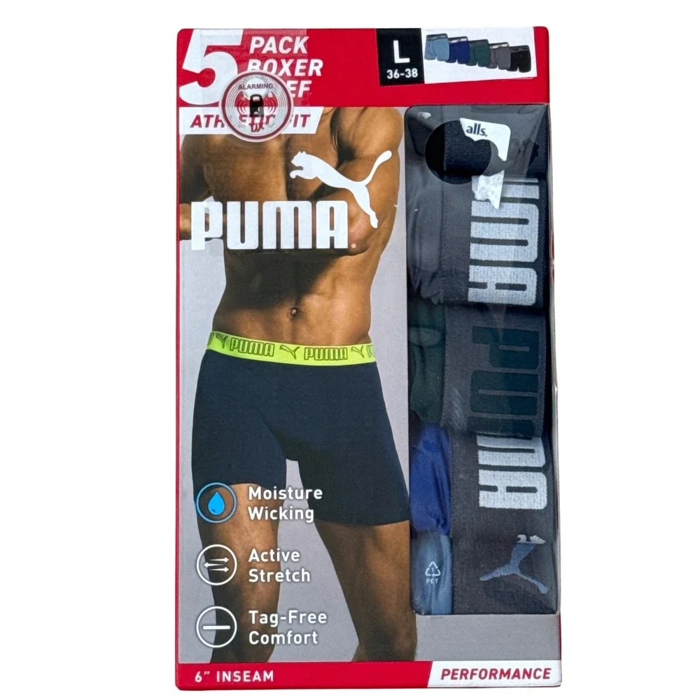 Puma‎ Mens 5 Pack Boxer Briefs Athletic Fit Moisture Wicking Size L